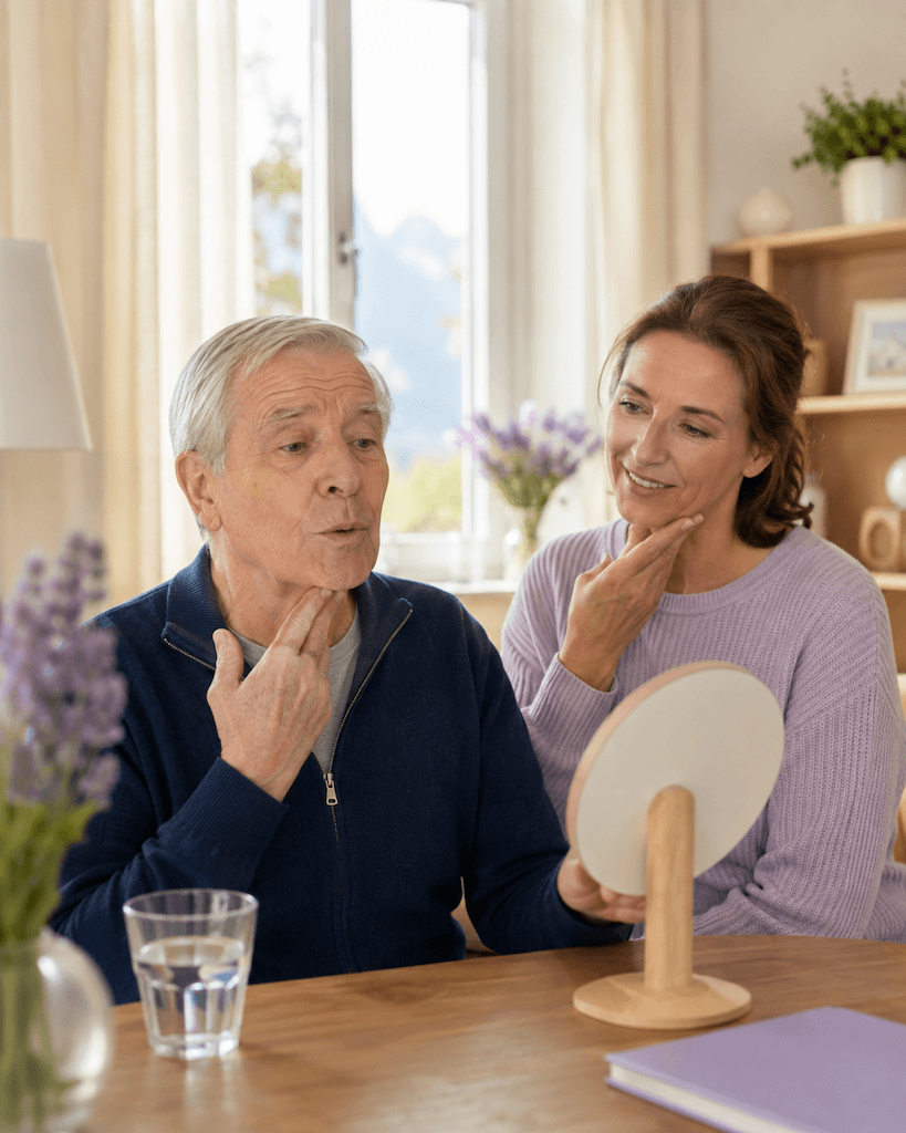 Älterer Mensch nach einem Schlaganfall übt zu Hause zugewandt das Sprechen, ein Angehöriger sitzt unterstützend daneben (KI-generiert)