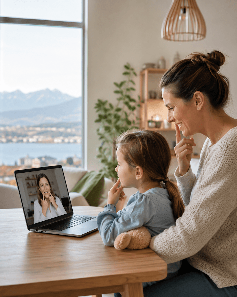 Person aus Thun nimmt zu Hause an einer Online-Logopädie teil, per Laptop und Videoverbindung (KI-generiert)