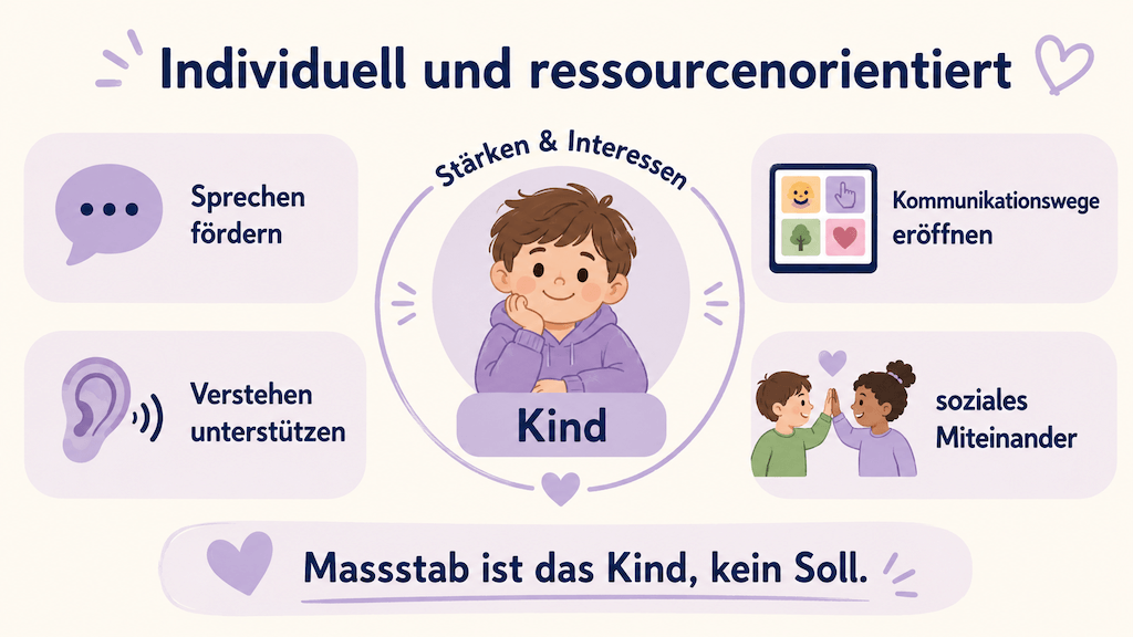 Infografik zeigt die individuelle, ressourcenorientierte Förderung rund um das Kind mit seinen Stärken, mit möglichen Zielen wie Sprechen fördern und Kommunikationswege eröffnen (KI-generiert)