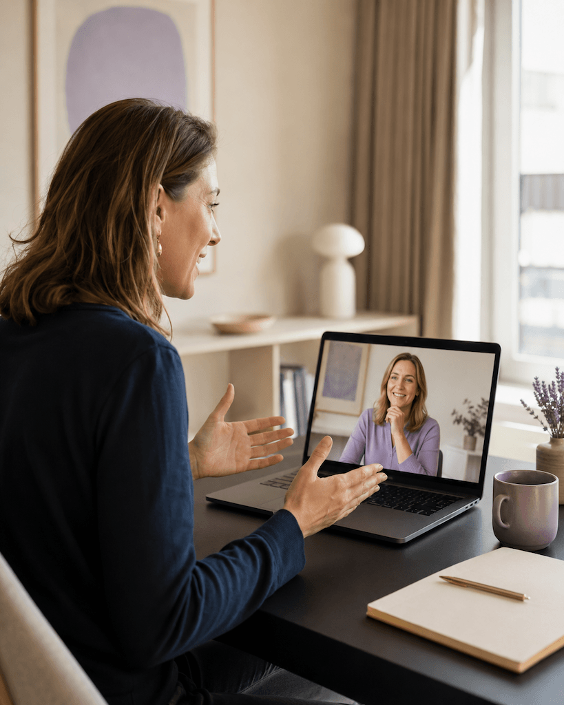 Erwachsene Person übt selbstbewusst ihre Aussprache in einem Online-Training, die Logopädin ist im Videobild zu sehen (KI-generiert)