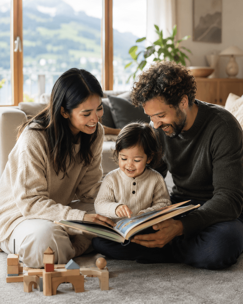 Mehrsprachige Familie mit Kind beim gemeinsamen Spielen und Bilderbuchanschauen, fröhlich und unbeschwert (KI-generiert)