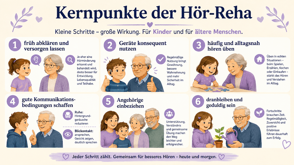 Infografik fasst Kernpunkte der Hör-Reha zusammen, etwa Geräte konsequent nutzen, häufig alltagsnah üben und gute Kommunikationsbedingungen schaffen (KI-generiert)