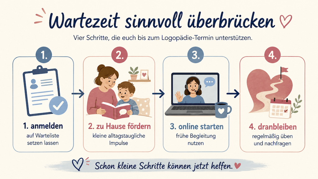 Infografik mit vier Schritten, um die Wartezeit auf einen Logopädie-Termin sinnvoll zu überbrücken (KI-generiert)