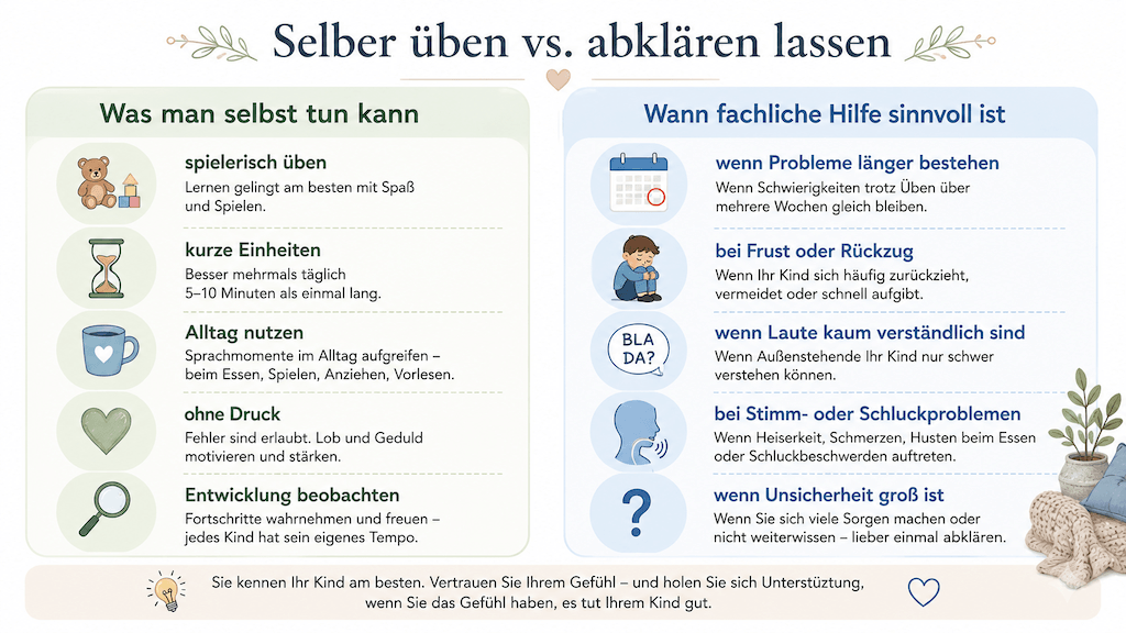 Übersicht, wann Übungen zuhause genügen und wann eine logopädische Abklärung sinnvoll ist (KI-generiert)