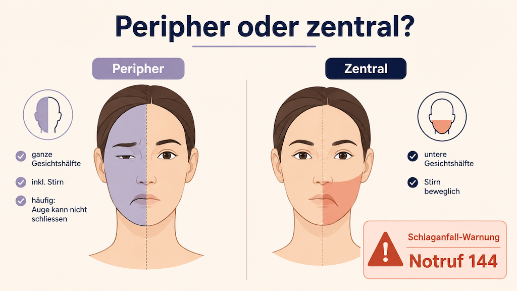 Infografik unterscheidet die periphere Fazialisparese (ganze Gesichtshälfte inklusive Stirn) von der zentralen Form, die auf einen Schlaganfall hinweisen kann (KI-generiert)