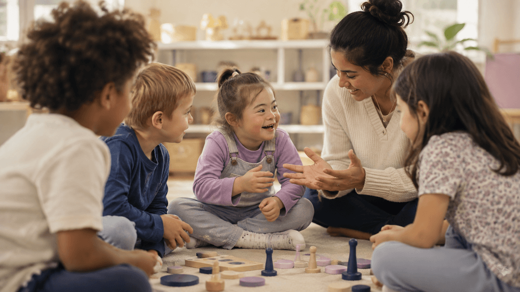 Ein Kind wird beim gemeinsamen Spiel mit anderen Kindern im Verstehen unterstützt und nimmt teil (KI-generiert)