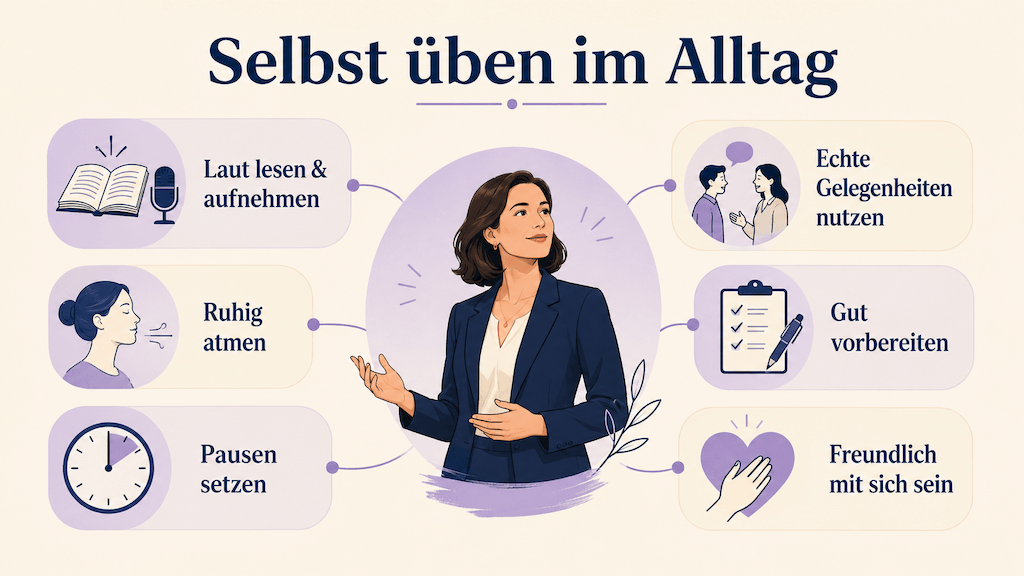 Infografik zeigt, wie regelmässiges Üben im Alltag die eigene Sprechwirkung Schritt für Schritt stärkt (KI-generiert)