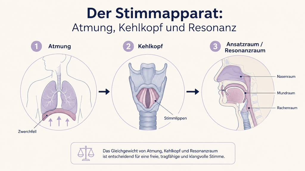 Infografik des Stimmapparats mit Atmung, Kehlkopf und Resonanzraum als Zusammenspiel der Stimmgebung (KI-generiert)