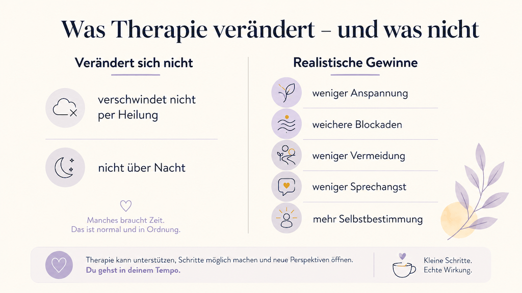 Infografik zeigt realistische Ziele einer Stottertherapie für Erwachsene statt Heilsversprechen (KI-generiert)