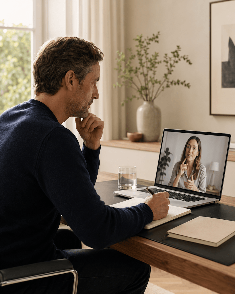 Erwachsene Person nimmt zu Hause an einer Online-Logopädie teil, die Logopädin ist im Videobild zu sehen (KI-generiert)