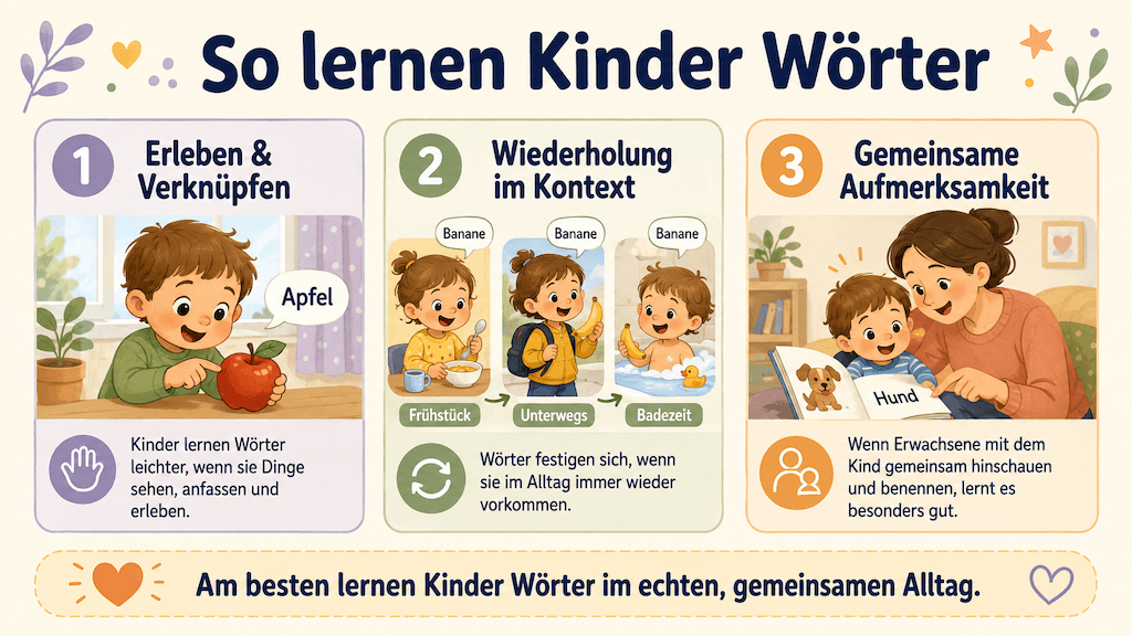 Infografik zeigt, wie Kinder neue Wörter lernen: durch Erleben, Wiederholung im Kontext und gemeinsame Aufmerksamkeit (KI-generiert)