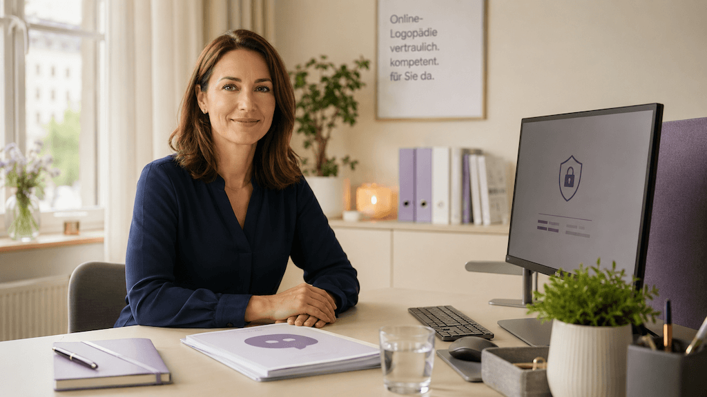 Fachperson an einem sicheren Arbeitsplatz symbolisiert vertraulichen, revDSG-konformen Umgang mit Gesundheitsdaten in der Online-Logopädie (KI-generiert)
