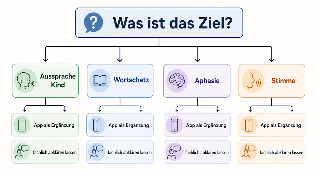 Entscheidungsbaum zur Auswahl der passenden Logopädie-App nach Ziel und Situation (KI-generiert)