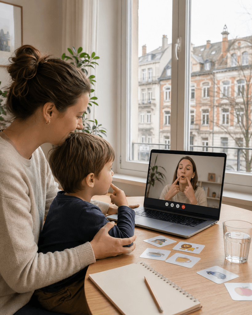 Person aus Winterthur nimmt zu Hause an einer Online-Logopädie teil, per Laptop und Videoverbindung (KI-generiert)