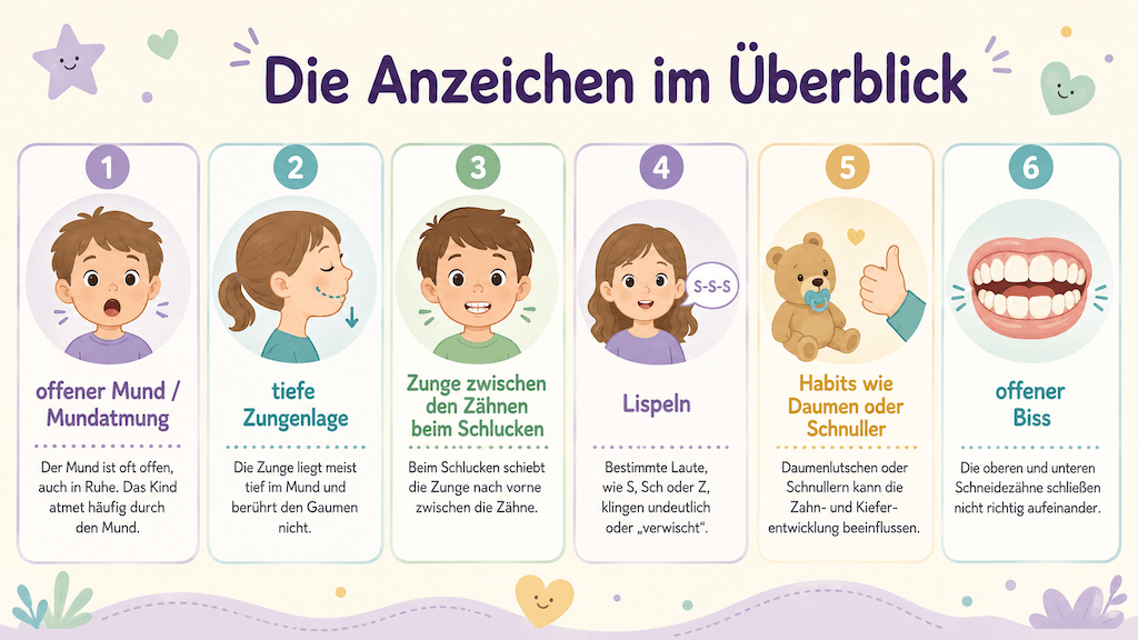 Infografik zeigt Anzeichen einer myofunktionellen Störung wie offener Mund, tiefe Zungenlage und Zunge zwischen den Zähnen (KI-generiert)