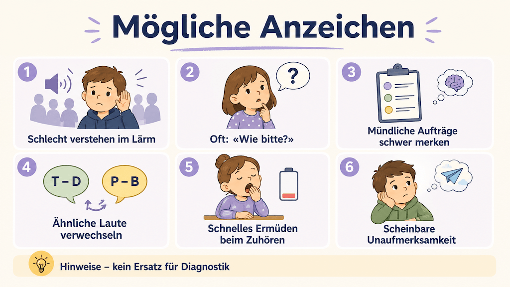 Infografik zeigt mögliche Anzeichen einer AVWS wie schlechtes Verstehen im Lärm und Schwierigkeiten, mündliche Aufträge zu behalten (KI-generiert)