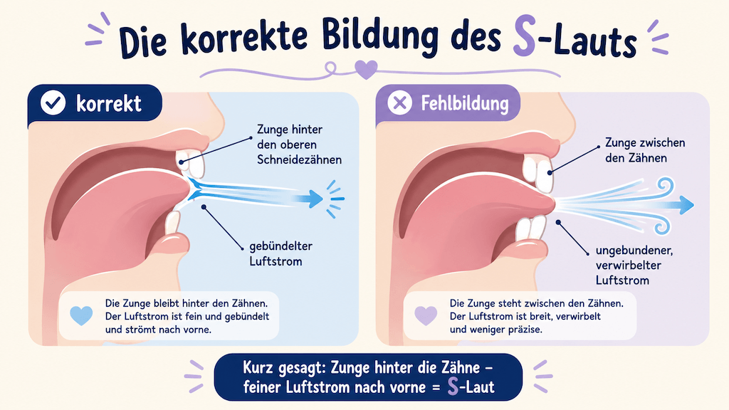 Illustration der korrekten Bildung des S-Lauts mit der Zunge hinter den oberen Schneidezähnen (KI-generiert)