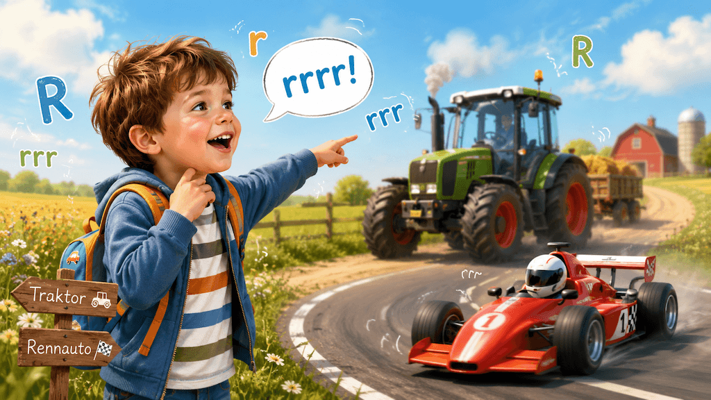 Kind übt den R-Laut spielerisch unterwegs mit Motorengeräuschen an Fahrzeugen (KI-generiert)