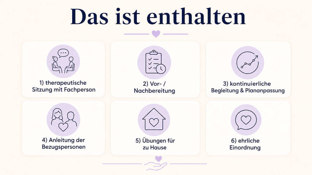Infografik zeigt, was im Preis der Online-Logopädie enthalten ist, etwa die Sitzung mit der Fachperson, die Begleitung und Übungen für zu Hause (KI-generiert)
