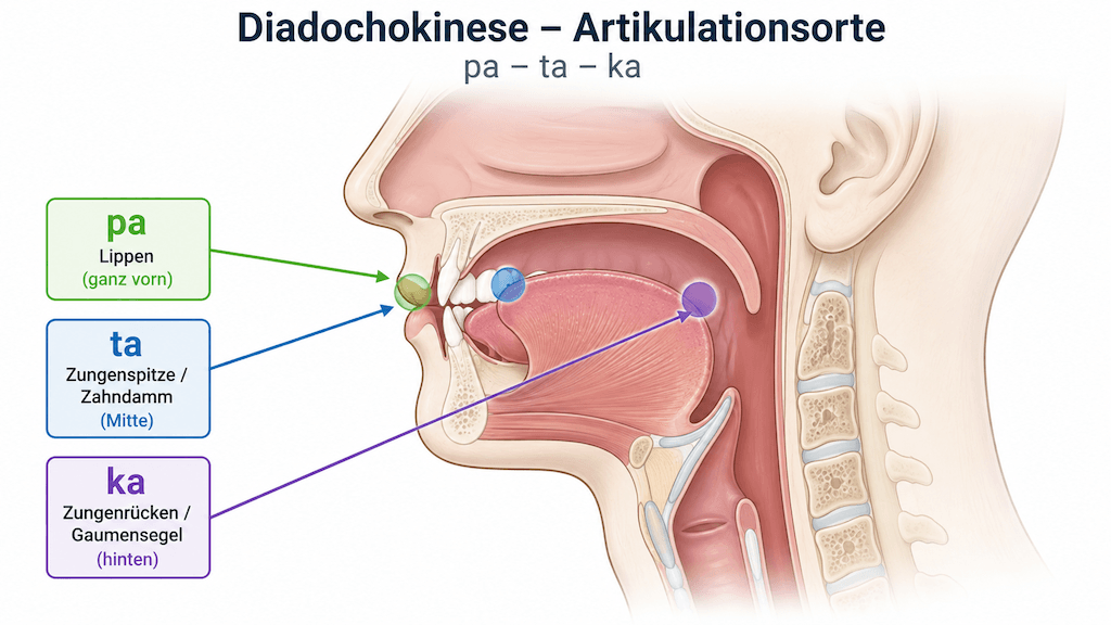 Grafik der drei Artikulationsorte der Diadochokinese-Übung pa-ta-ka bei Lippen, Zungenspitze und Zungenrücken (KI-generiert)