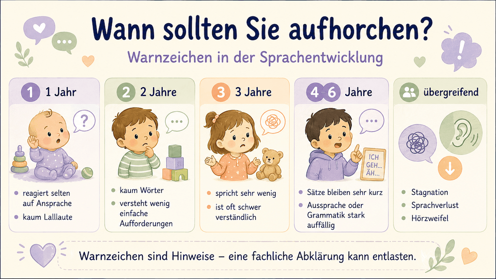 Infografik zeigt Warnzeichen in der Sprachentwicklung nach Alter, bei denen eine Abklärung sinnvoll ist (KI-generiert)
