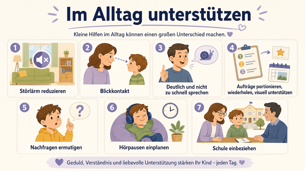 Infografik zeigt, wie Eltern ein Kind mit AVWS im Alltag unterstützen, etwa durch Störlärm reduzieren und Aufträge portionieren (KI-generiert)