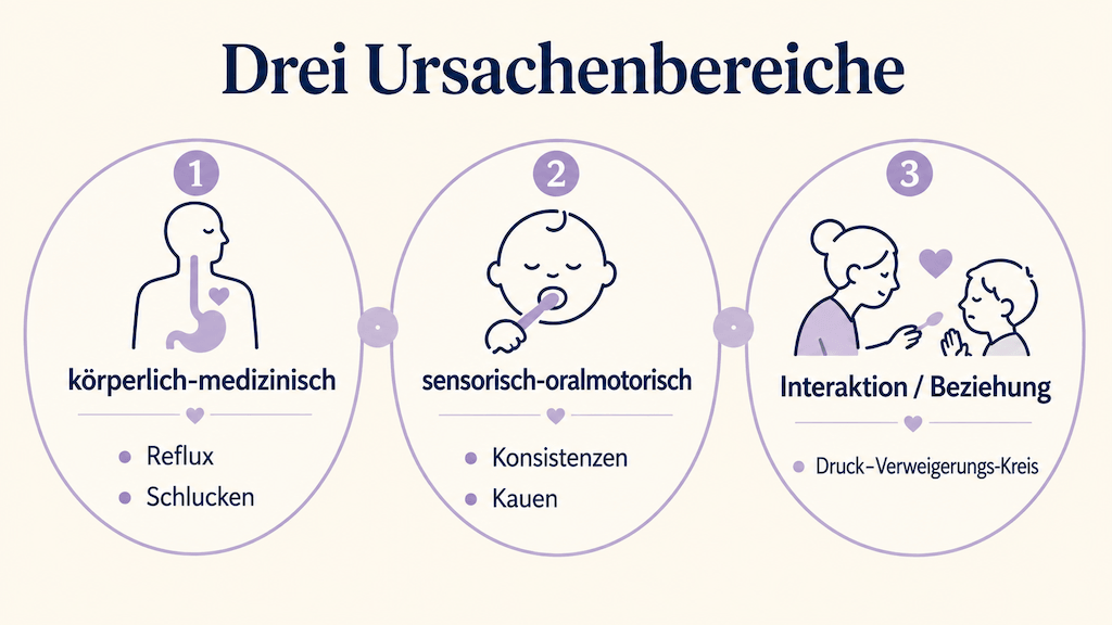 Infografik zeigt drei Ursachenbereiche frühkindlicher Fütterstörungen: körperlich-medizinisch, sensorisch-oralmotorisch und die Interaktion rund um die Mahlzeit (KI-generiert)