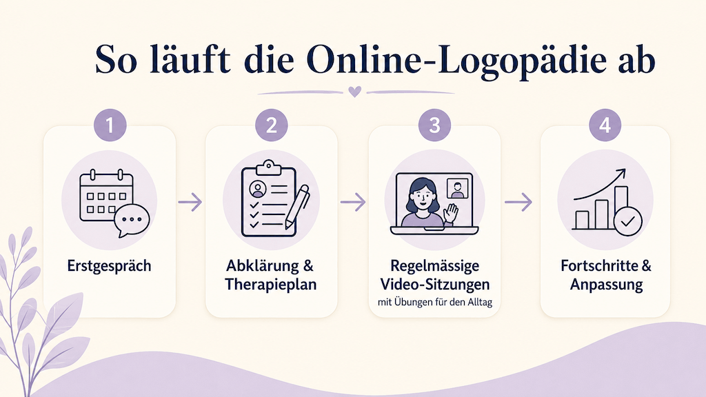 Infografik zeigt die fünf Schritte einer Online-Logopädie von der Terminvereinbarung bis zu den Heimübungen (KI-generiert)