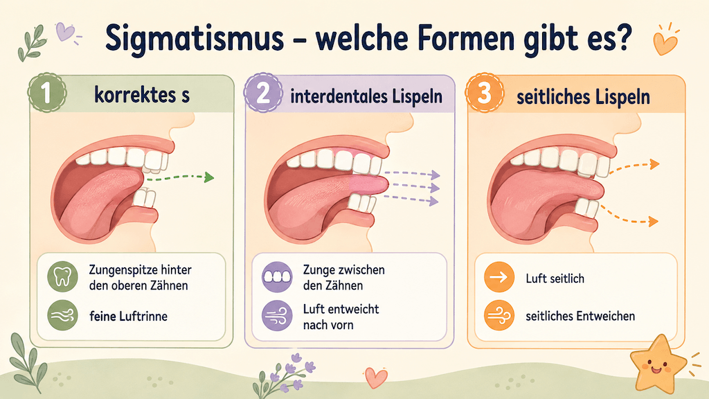 Infografik zeigt die korrekte Zungenlage beim s im Vergleich zum Lispeln mit der Zunge zwischen den Zähnen (KI-generiert)