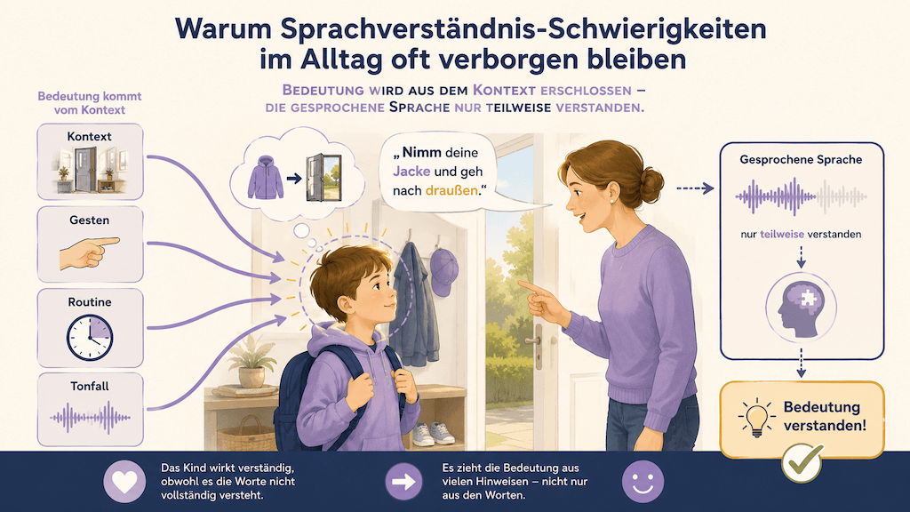 Infografik zeigt, wie ein Kind Bedeutung aus Kontext und Gestik erschliesst, während das eigentliche Sprachverständnis eingeschränkt ist (KI-generiert)