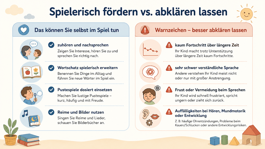 Übersicht, wann Sprachspiele zur Förderung genügen und wann eine logopädische Abklärung sinnvoll ist (KI-generiert)