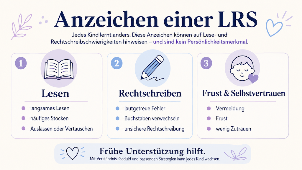 Übersichtsgrafik der Anzeichen einer Lese-Rechtschreibstörung beim Lesen und Rechtschreiben (KI-generiert)