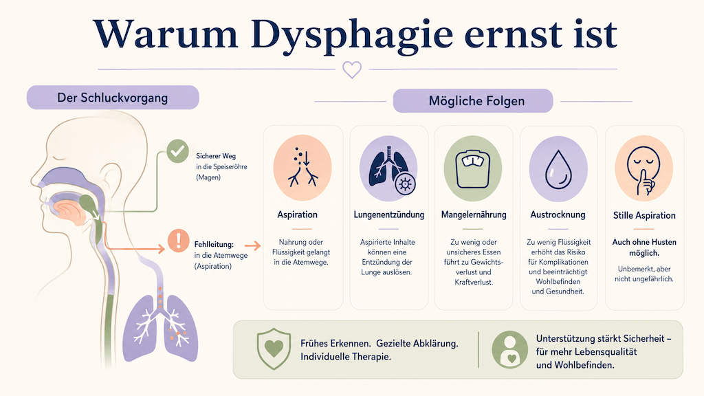 Infografik erklärt sachlich die Risiken einer Dysphagie wie Aspiration mit möglicher Lungenentzündung, Mangelernährung und Austrocknung (KI-generiert)