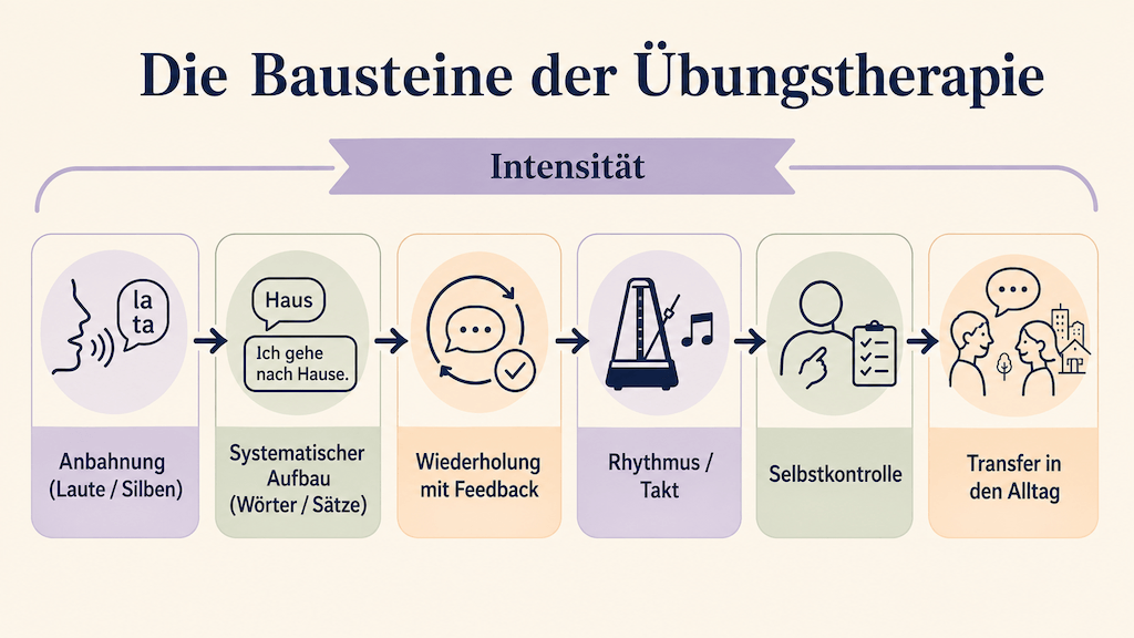 Infografik zeigt die Bausteine der Sprechapraxie-Übungstherapie von der Lautanbahnung über Wiederholung und Rhythmus bis zum Transfer in den Alltag (KI-generiert)