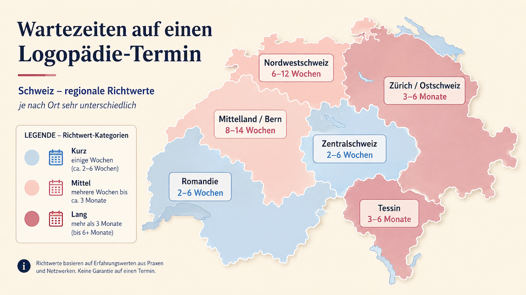 Infografik zeigt regional unterschiedliche Wartezeiten auf einen Logopädie-Termin in der Schweiz (KI-generiert)