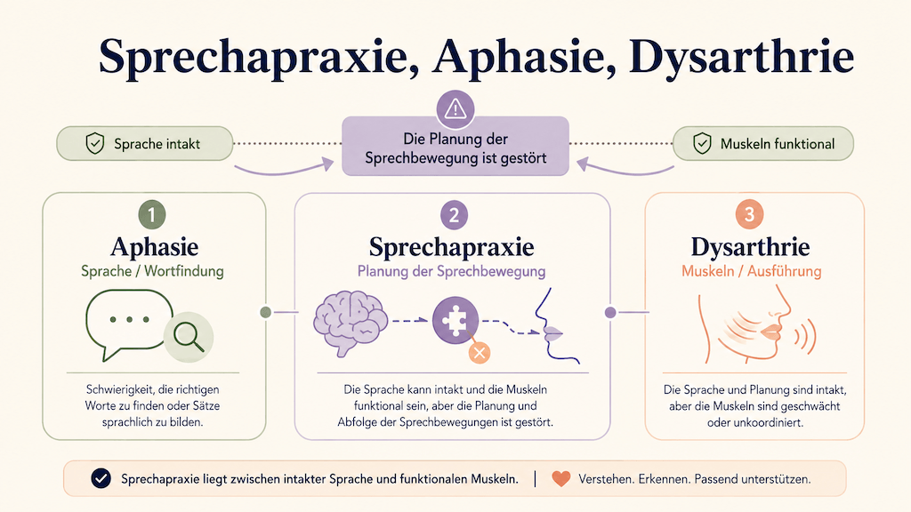 Infografik grenzt die Sprechapraxie als Störung der Sprechplanung von der Aphasie (Sprache) und der Dysarthrie (Muskeln) ab (KI-generiert)