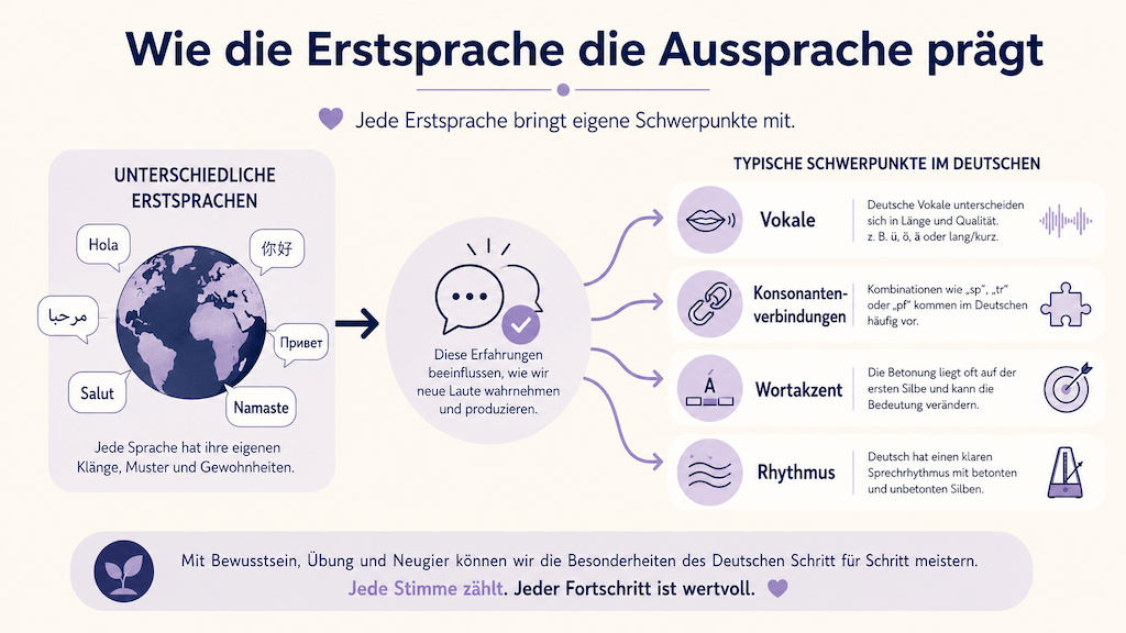 Infografik zeigt, wie unterschiedliche Erstsprachen typische Schwerpunkte für das deutsche Aussprachetraining ergeben (KI-generiert)