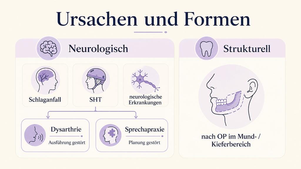 Infografik zeigt Ursachen und Formen der erworbenen Artikulationsstörung, darunter Dysarthrie und Sprechapraxie nach neurologischen Ereignissen (KI-generiert)
