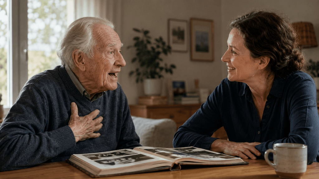 Angehörige unterstützt das laute und deutliche Sprechen einer Person mit Parkinson im zugewandten Gespräch (KI-generiert)