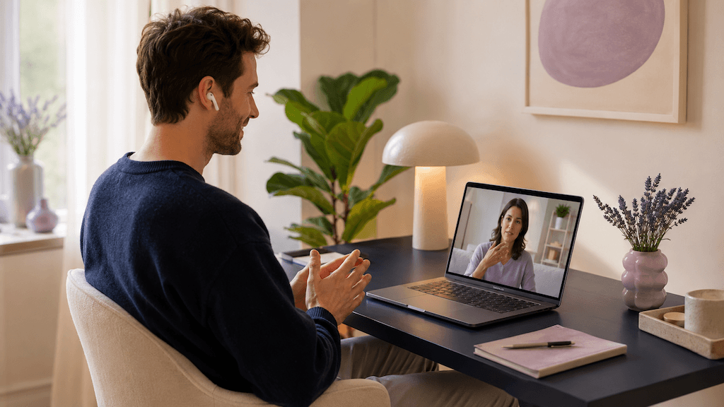 Erwachsener Mensch in einer entspannten Online-Logopädie-Sitzung zu Hause am Laptop (KI-generiert)