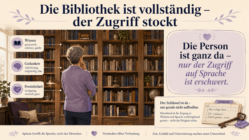 Illustration zeigt eine vollständige Bibliothek mit erschwertem Zugang als Bild dafür, dass bei Aphasie Wissen und Persönlichkeit erhalten bleiben und nur der Zugriff auf Sprache gestört ist (KI-generiert)