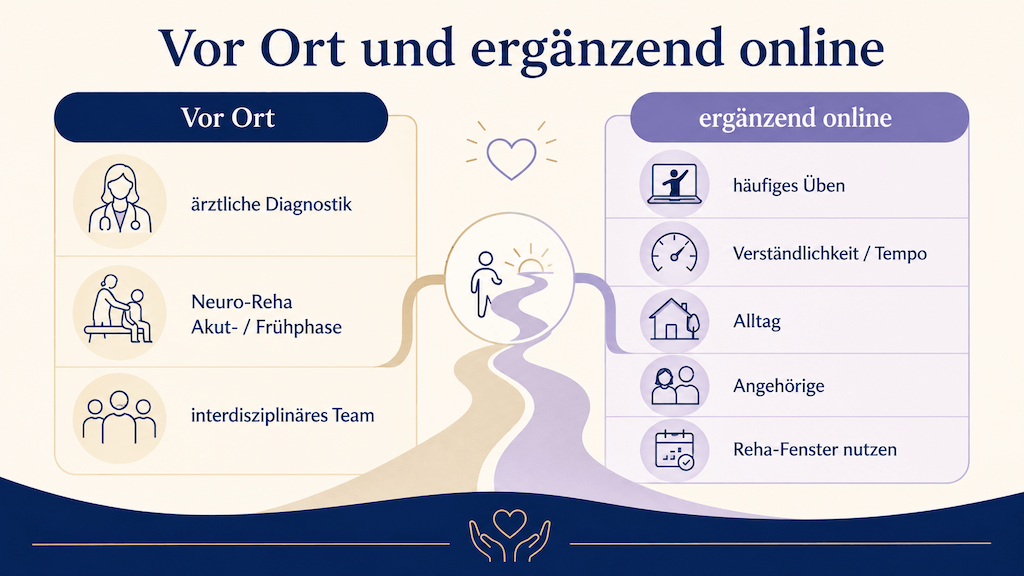 Infografik teilt die Behandlung der erworbenen Artikulationsstörung in Präsenz-Anteile wie Diagnostik und Neuro-Reha und ergänzende Online-Anteile wie häufiges Üben (KI-generiert)