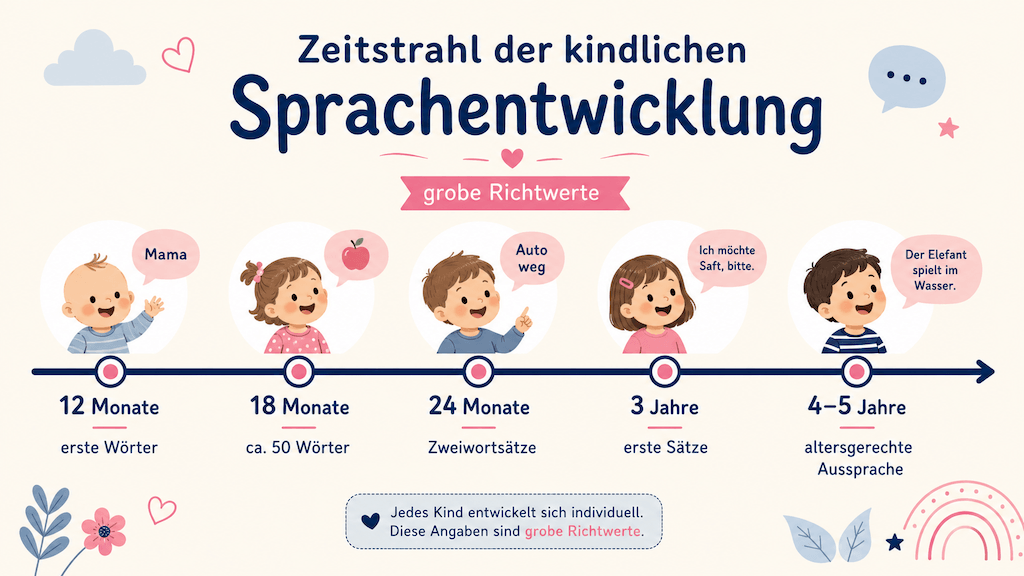 Zeitstrahl der kindlichen Sprachentwicklung mit Meilensteinen von 12 Monaten bis fünf Jahren (KI-generiert)