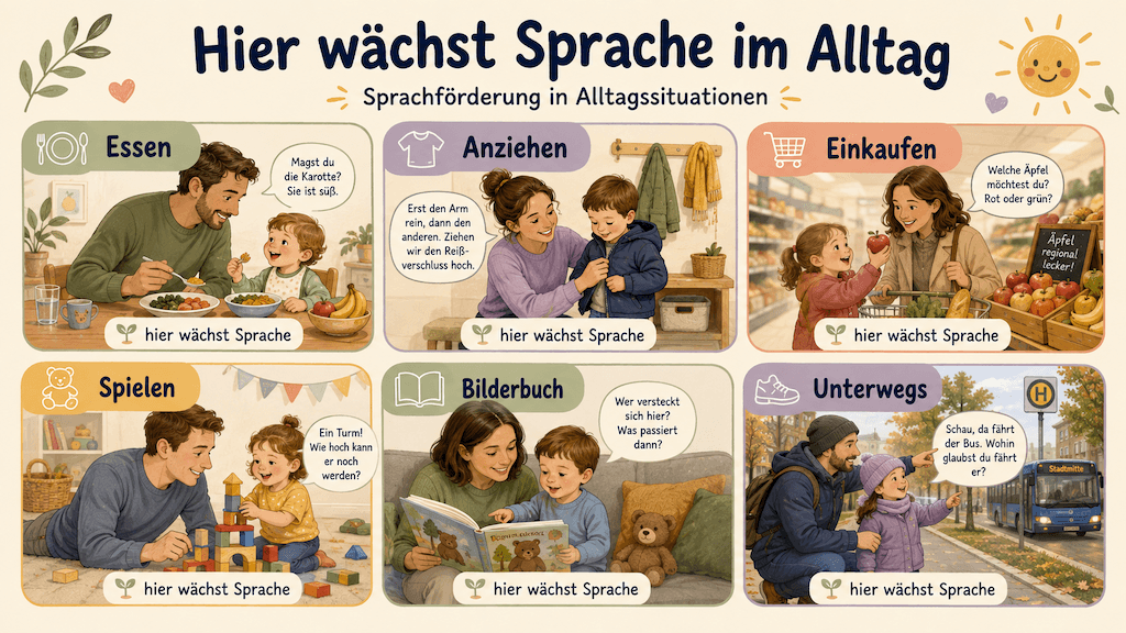 Infografik zeigt Alltagssituationen, in denen Sprachförderung natürlich gelingt, etwa beim Essen, Anziehen, Einkaufen und Bilderbuchanschauen (KI-generiert)