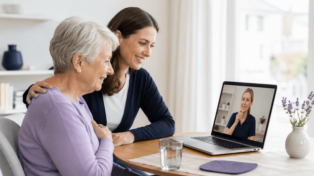 Älterer Mensch in einer Online-Logopädie-Sitzung zu Hause am Laptop, unterstützt von einer Angehörigen (KI-generiert)