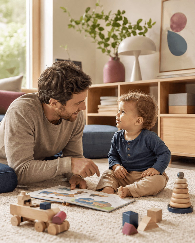 Elternteil spielt und spricht mit einem zweijährigen Kind in einer alltäglichen Fördersituation zu Hause (KI-generiert)