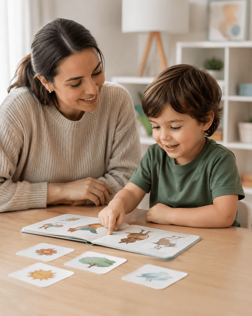 Kind beschäftigt sich fröhlich mit Bildkarten und lernt spielerisch neue Wörter mit ermutigender Begleitung (KI-generiert)