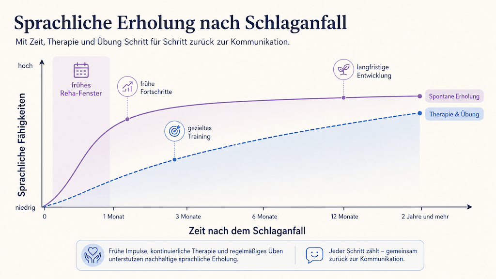 Verlaufsgrafik zeigt die Erholung der Sprache nach einem Schlaganfall durch spontane Besserung und Therapie im frühen Zeitfenster (KI-generiert)