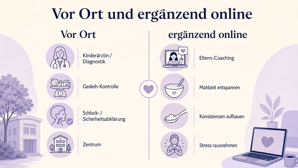 Infografik teilt die Behandlung frühkindlicher Fütterstörungen in Präsenz-Anteile wie Diagnostik und Gedeih-Kontrolle und ergänzende Online-Anteile wie Eltern-Coaching (KI-generiert)