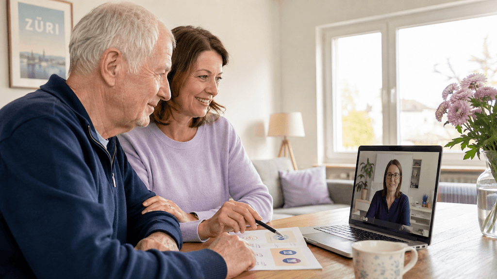 Älterer Mensch und Angehöriger gemeinsam zu Hause in einer Online-Logopädie-Sitzung nach dem Schlaganfall, die Angehörige ist eng eingebunden (KI-generiert)